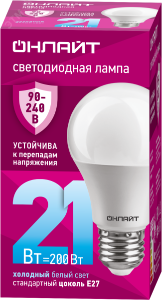 Лампа светодиодная 21вт OLL-A60-21-230-6.5K-E27 PRO 90-240В ОНЛАЙТ 31988