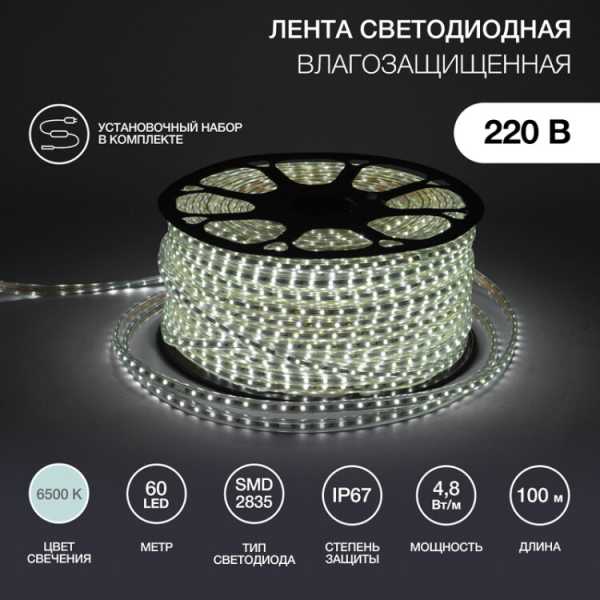 142-605 LED лента 220 В, 10х7 мм, IP67, SMD 2835, 60 LED/m, цвет свечения белый, бухта 100 м(кр.100м