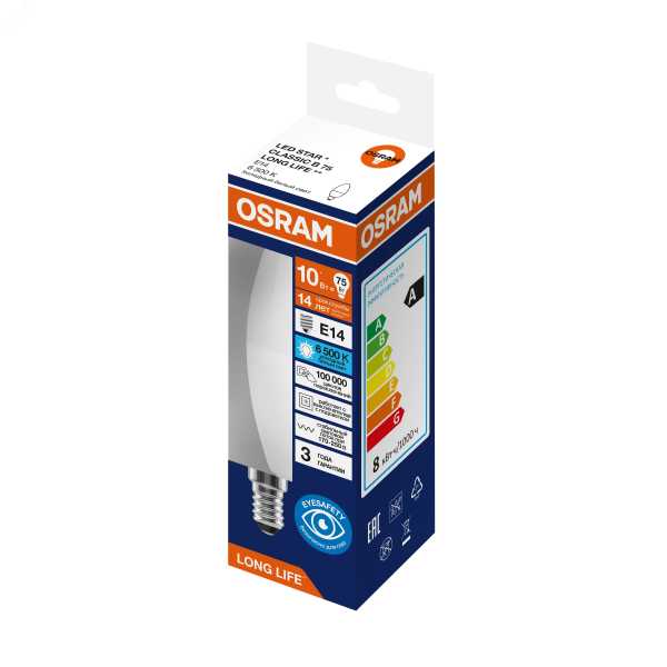 Лампа светодиодная 10Вт 806Лм 6500К Е14 свеча 170-250В OSRAM LONG LIFE 4099854186936