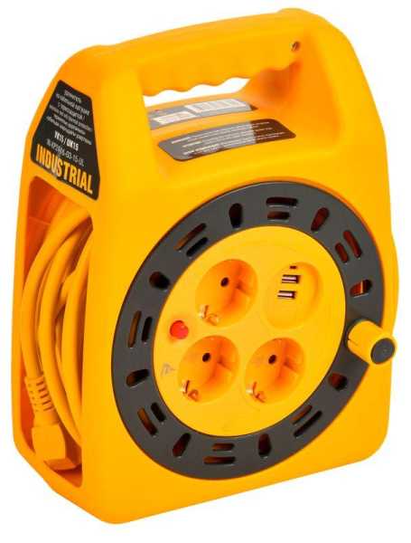 Удлинитель на катушке 3х15м с заземл. Industrial УК15 2P+PE 3х1.5кв.мм USBх2 LED термозащита IN-KP24-16-03-15-UL