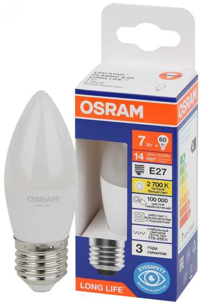 Лампа светодиодная LED 7Вт Е27 2700К 600Лм свеча 220В (замена 60Вт) OSRAM 4099854186332