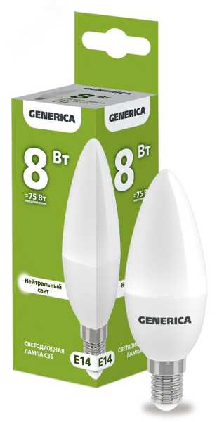 Лампа светодиодная C35 свеча 8Вт 230В 4000К E14 GENERICA LL-C35-08-230-40-E14-G