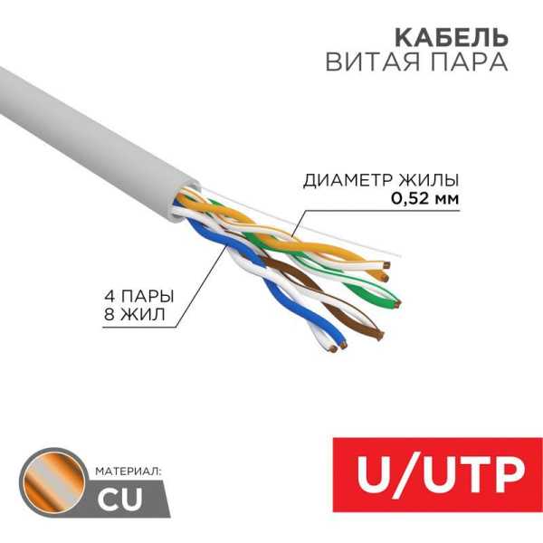 Кабель витая пара U/UTP CAT 5E PVC 4х2х0.52мм 24AWG INDOOR SOLID сер. (305м) PRO 02-0005