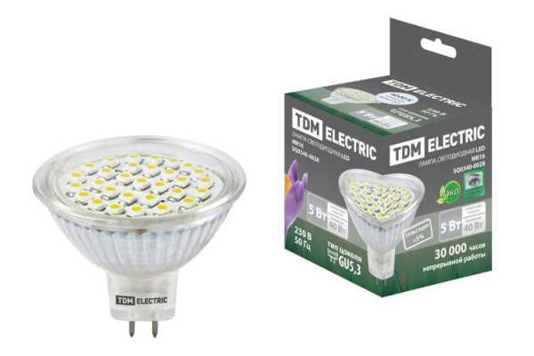 Лампа светодиодная MR16-5 Вт-220 В -4000 К–GU 5,3 SMD SQ0340-0028