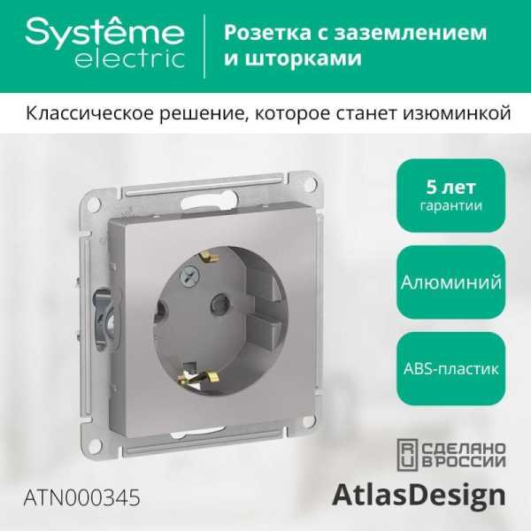 Розетка 1-м СП AtlasDesign 16А IP20 с заземл. защ. шторки механизм алюм. SE ATN000345