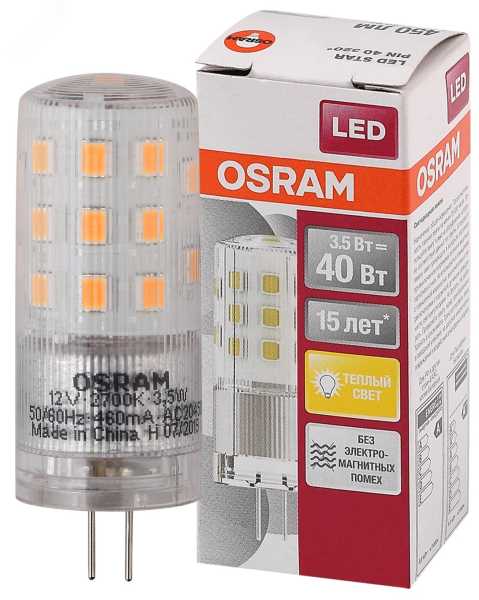 Лампа светодиодная LED 3,5Вт G4 12V STAR PIN40 (замена 40Вт), теплый, прозр. Osram 4058075369009