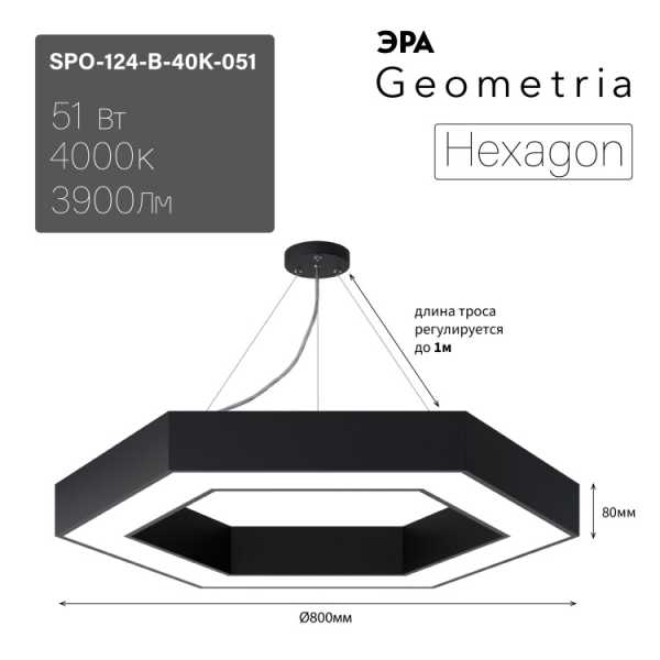 Светильник светодиодный Geometria Hexagon SPO-124-B-40K-051 51Вт 4000К 3900Лм IP40 800*800*80 черный подвесной Б0050557