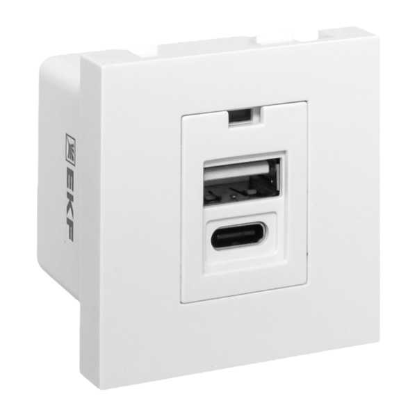 Розетка USB A+C, 2.1А, 2 гнезда, без индикатора, белая EKF