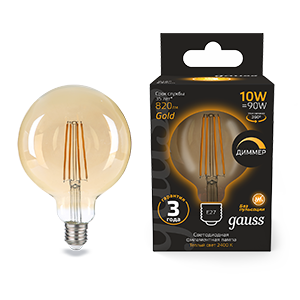 Лампа Filament G125 10W 820lm 2400К Е27 golden диммируемая LED 1/20 158802010-D