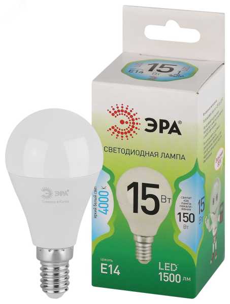 Лампа светодиодная LED 15 Вт 1500Лм 4000К шар нейтральный E14 220-240В LED P45-15W-840-E14 Green Line Б0067045