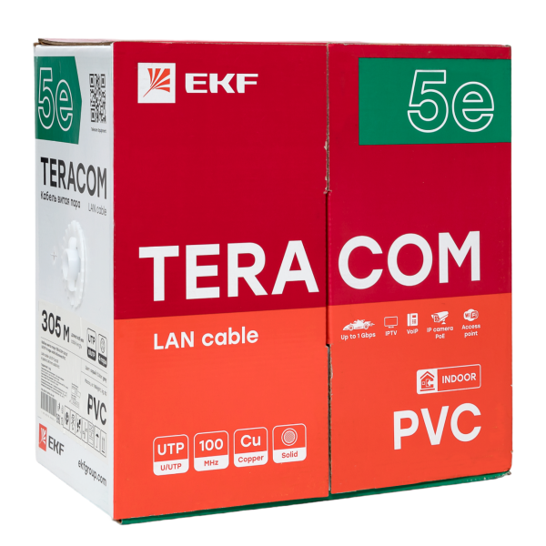 Кабель витая пара U/UTP кат.5E 4 пары solid PVC сер. TERACOM TRC-5EUTP-04PVC-GY-IN3