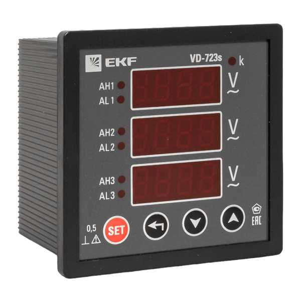 Вольтметр VD-723s цифровой на панель 72x72 (квадратный вырез) трехфазный в коротком корпусе EKF PROxima VD-723s Вольтметр VD-723s цифровой на панель 72x72 (квадратный вырез) трехфазный в коротком корпусе EKF PROxima VD-723s