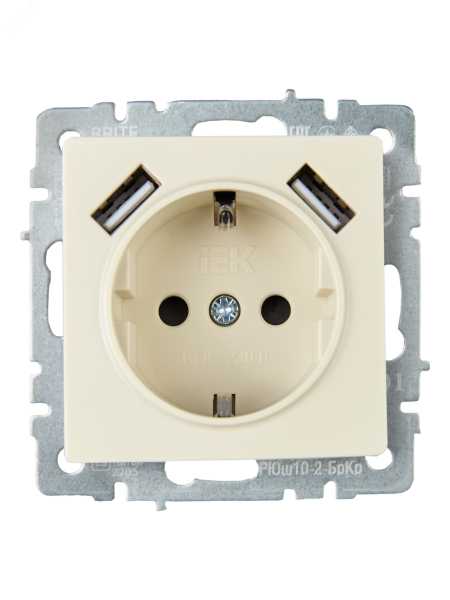Розетка BRITE РЮш10-2-БрКр 16А с USB A+A 3.1А с заземл. защ. шторки беж. BR-R14-16-U21-D31-K10