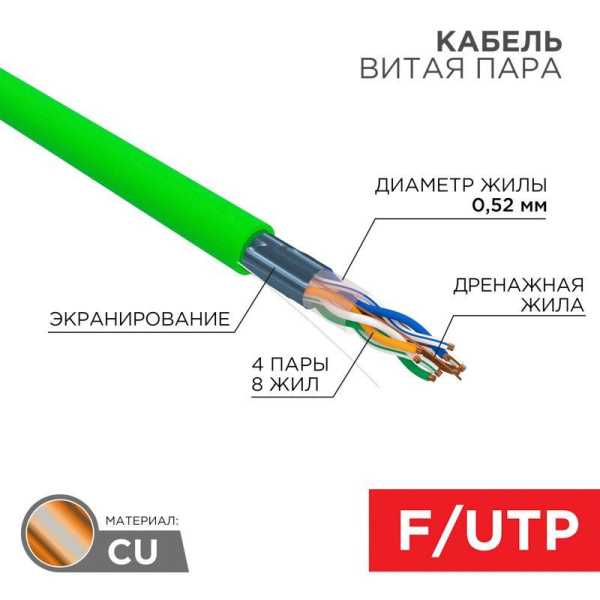 Кабель витая пара F/UTP кат.5E 4х2х0.52 24 AWG нг(А)-HFLTx INDOOR SOLID зел. (305м) 01-0162