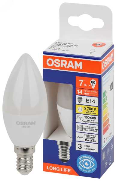 Лампа светодиодная LED 7Вт Е14 2700К 600Лм свеча 220В (замена 60Вт) OSRAM 4099854186240