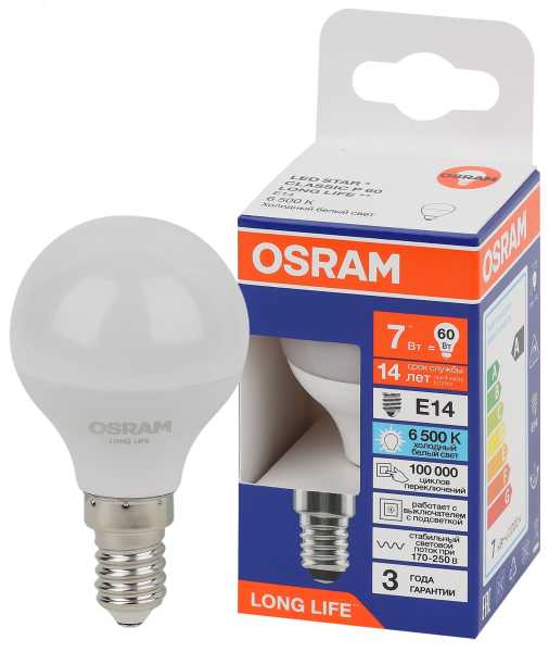 Лампа светодиодная LED 7Вт Е14 6500К 600Лм шар 220В (замена 60Вт) OSRAM 4099854186486