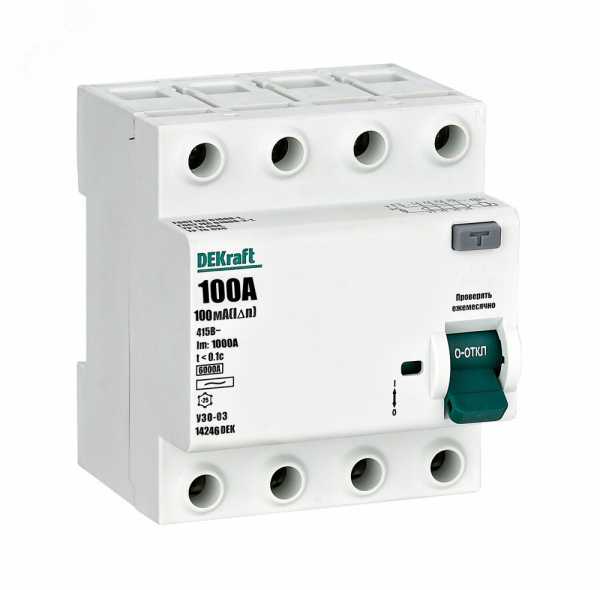 Dekraft ВДТ 4P 100A 100мА тип AC 6кА УЗО-03
